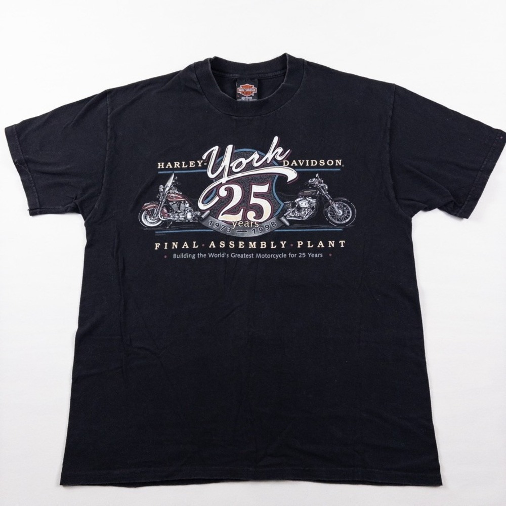 Harley Davidson T-Shirt Mens L Black York PA 25 Years Vintage 90s Hanes Beefy-T